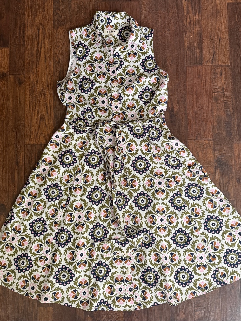 Boden Amy Dress 10R Mayfly Mosaic Bloom Cotton Belted Midi Pockets - Picture 2 of 6